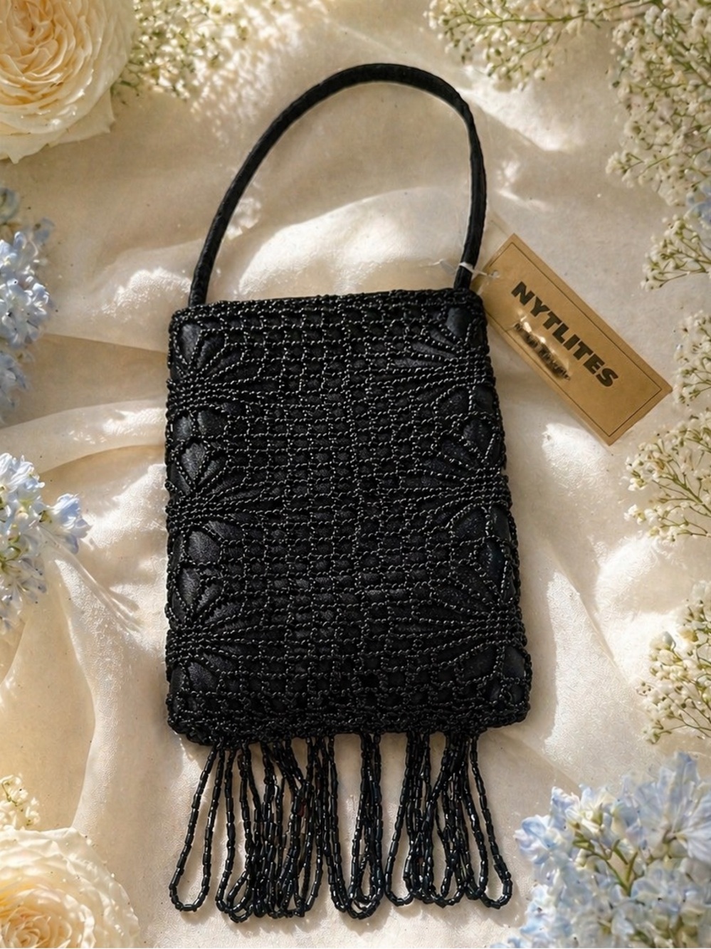 NYTLITES Black Beaded Mini Handbag w/ Fringe – NWT Elegant Evening Bag